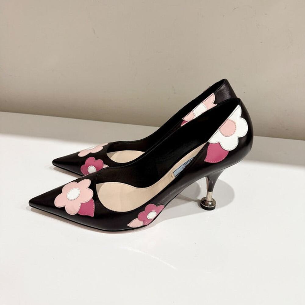 Prada Orchidea Nappa Leather Flower Fiori 85mm Pointed Toe Pump Black EU 40.5
